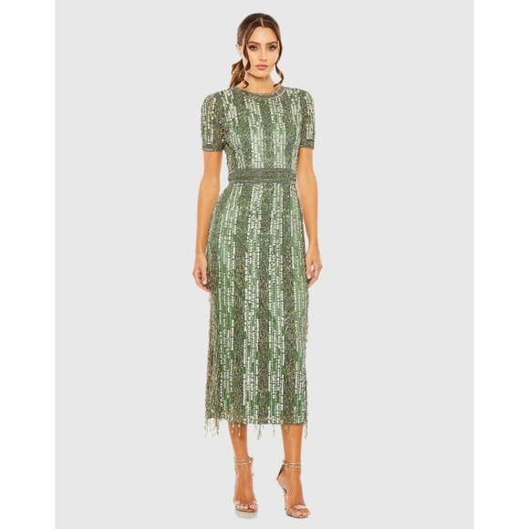 Mac Duggal Sage Green Sequin Beaded Short Sleeve Midi Dress Size 16